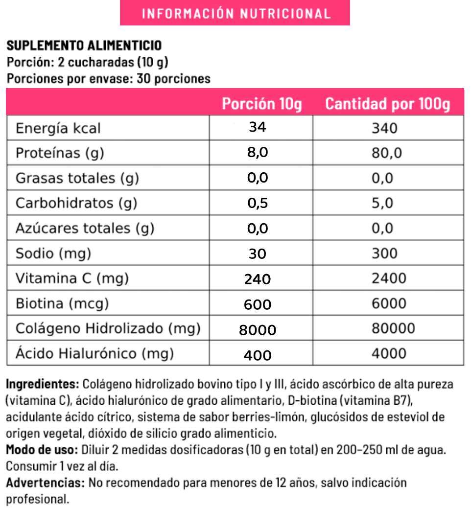 Colágeno Hidrolizado + Biotina, Vitamina C & Ácido Hialurónico 300gr